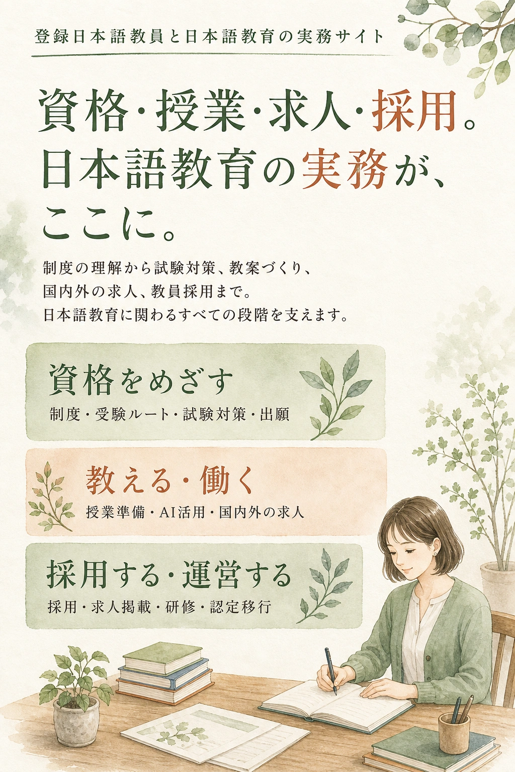 登録日本語教員と日本語教育の実務サイトとして、資格・授業・求人・採用の3入口を女性案内役とともに縦に示す水彩ビジュアル。