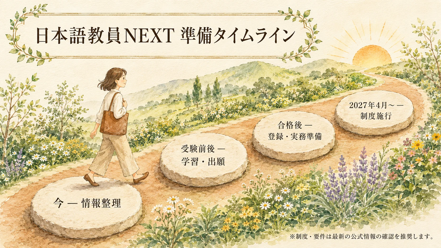 2027年4月1日、育成就労制度の施行が予定されています。育成就労100時間講習 情報リストへの登録を案内するタイムラインインフォグラフィック。出入国在留管理庁・厚生労働省公表情報に基づく。本リストは講師登壇や案件案内を保証するものではありません。